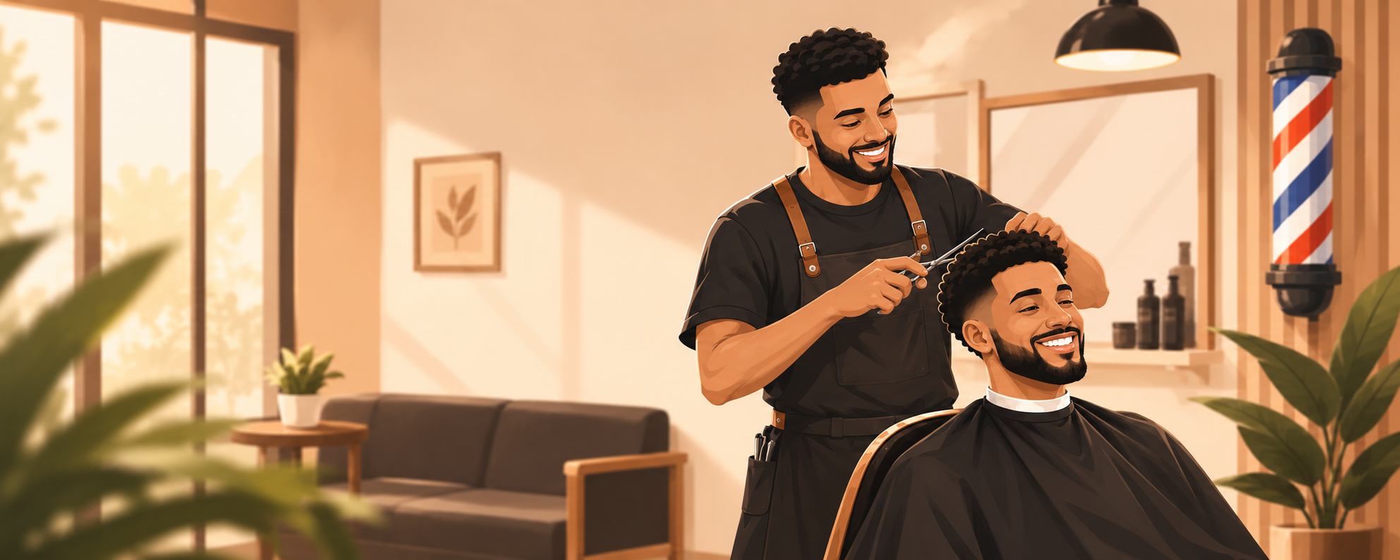 A barber giving a smiling customer a haircut